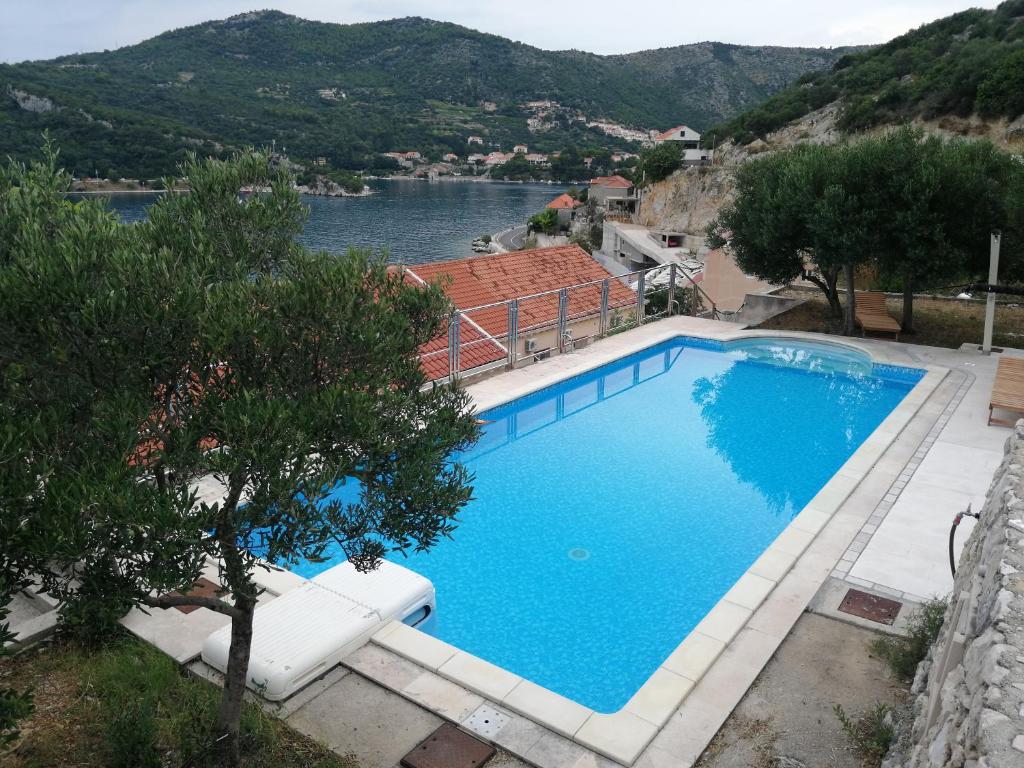 a large blue swimming pool next to a body of water at Villa Matej with pool and sea view in Zaton