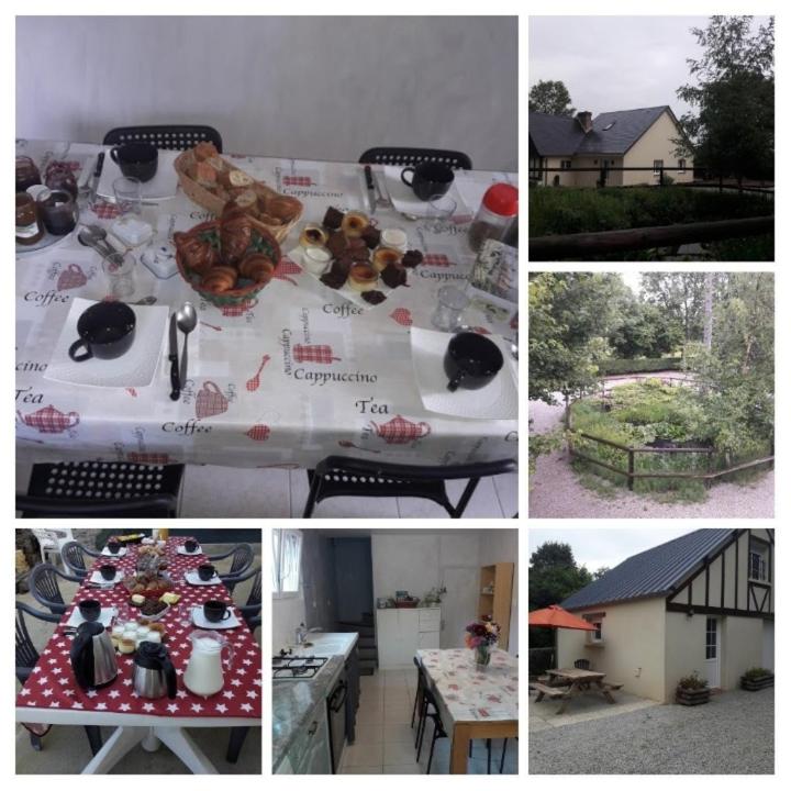 a collage of pictures of a table with food on it at Gîte ou chambre d'hôtes in Ménil-Hubert-en-Exmes