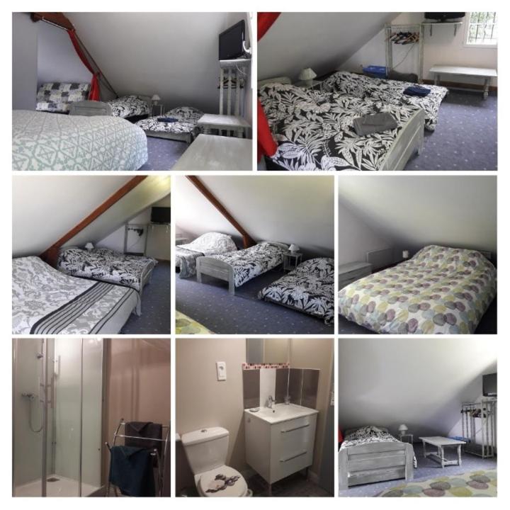 a collage of four pictures of beds in a room at Gîte ou chambre d'hôtes in Ménil-Hubert-en-Exmes