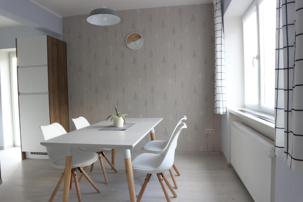 a dining room with a white table and white chairs at Apartments Obdach in Obdach