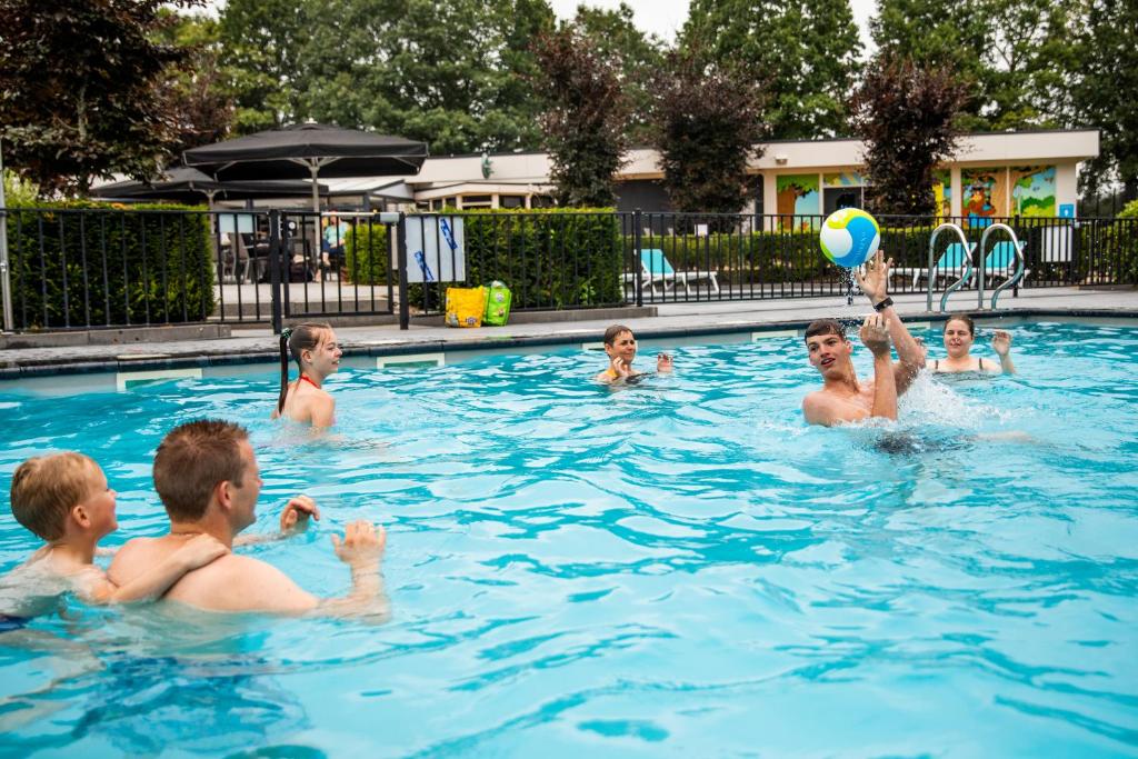 um grupo de crianças brincando com uma bola de praia em uma piscina em TopParken – Recreatiepark ’t Gelloo em Ede