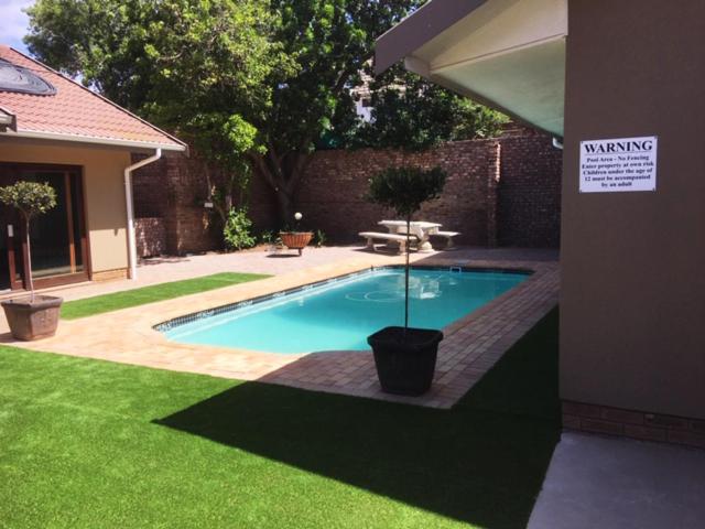 a swimming pool with a potted plant in a yard at 21 on Klein Karoo in Oudtshoorn