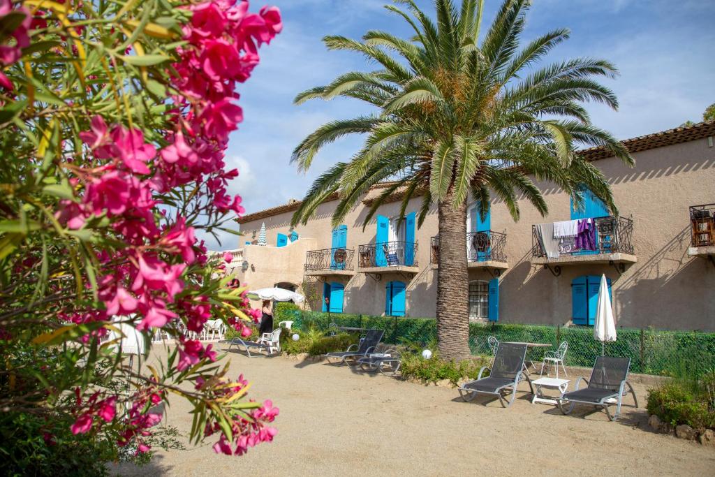 a resort with a palm tree and chairs and pink flowers at Hôtel Saint Andre in Saint-Tropez