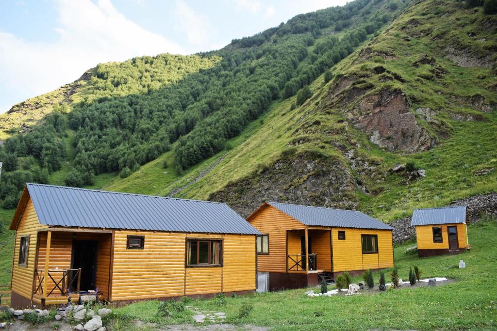 two wooden cabins in front of a mountain at Gergeti Woods in Kazbegi