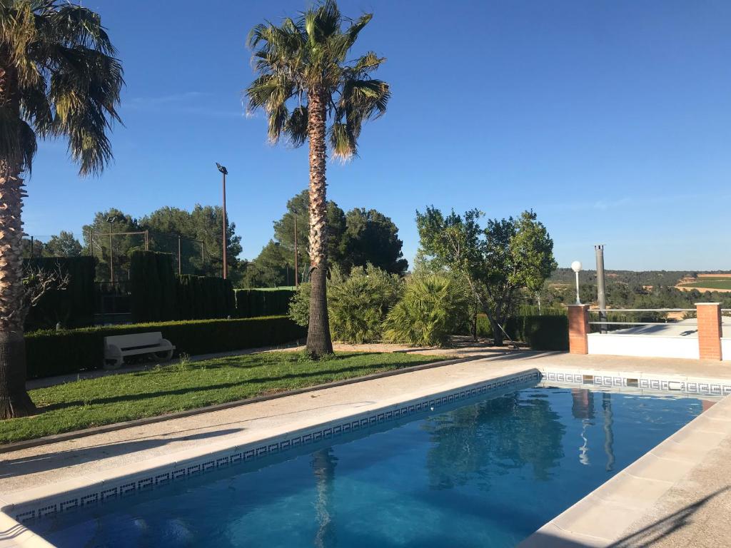 una piscina in un cortile con palme di Finca Mirador a Macastre