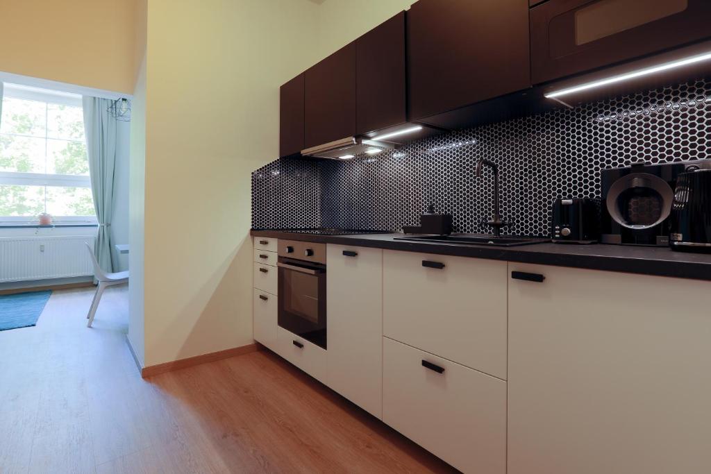 Kuchyň nebo kuchyňský kout v ubytování Avantgarde apartments