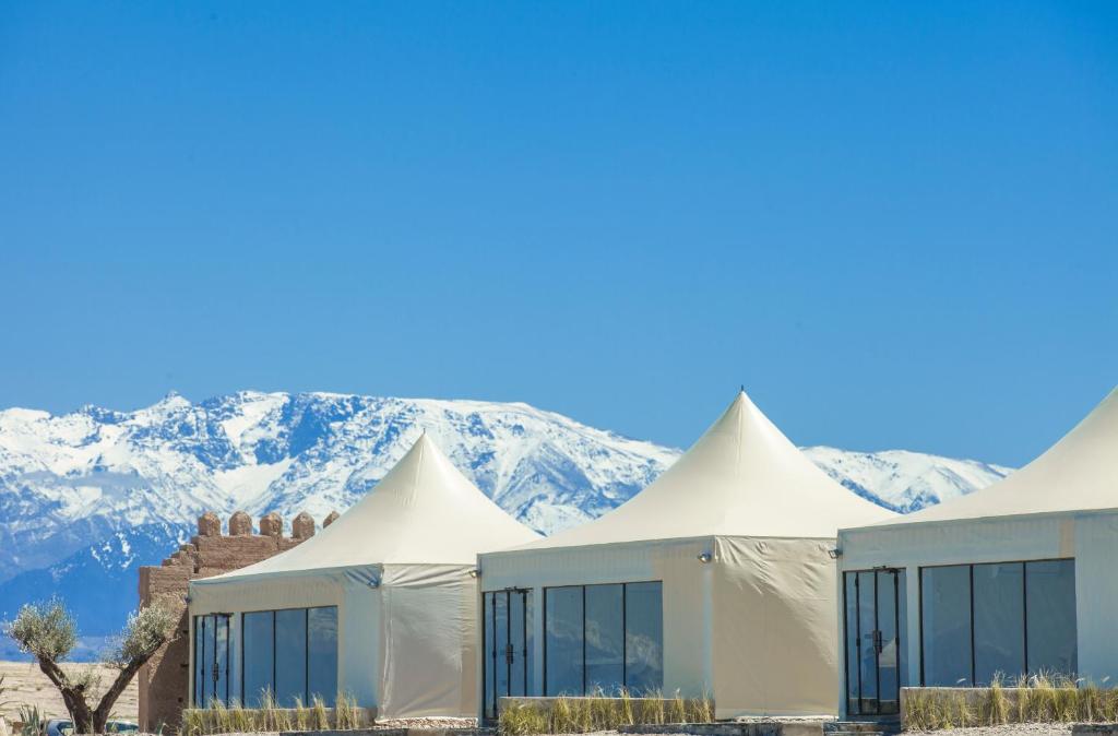 Une rangée de tentes avec des montagnes en arrière-plan dans l'établissement The White Camel, à Marrakech