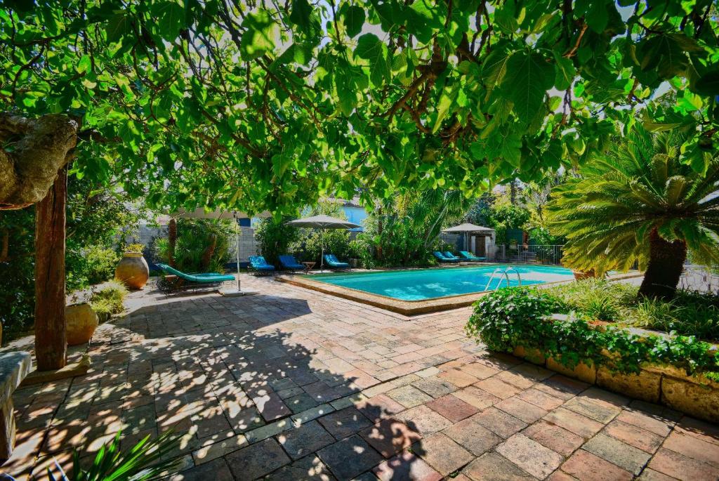a backyard with a swimming pool and a tree at Les Bastidieres - Cap Brun in Toulon