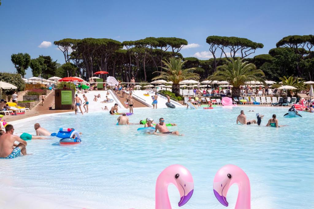 een groep mensen in een zwembad met zwanen in het water bij hu Park Albatros Village in San Vincenzo