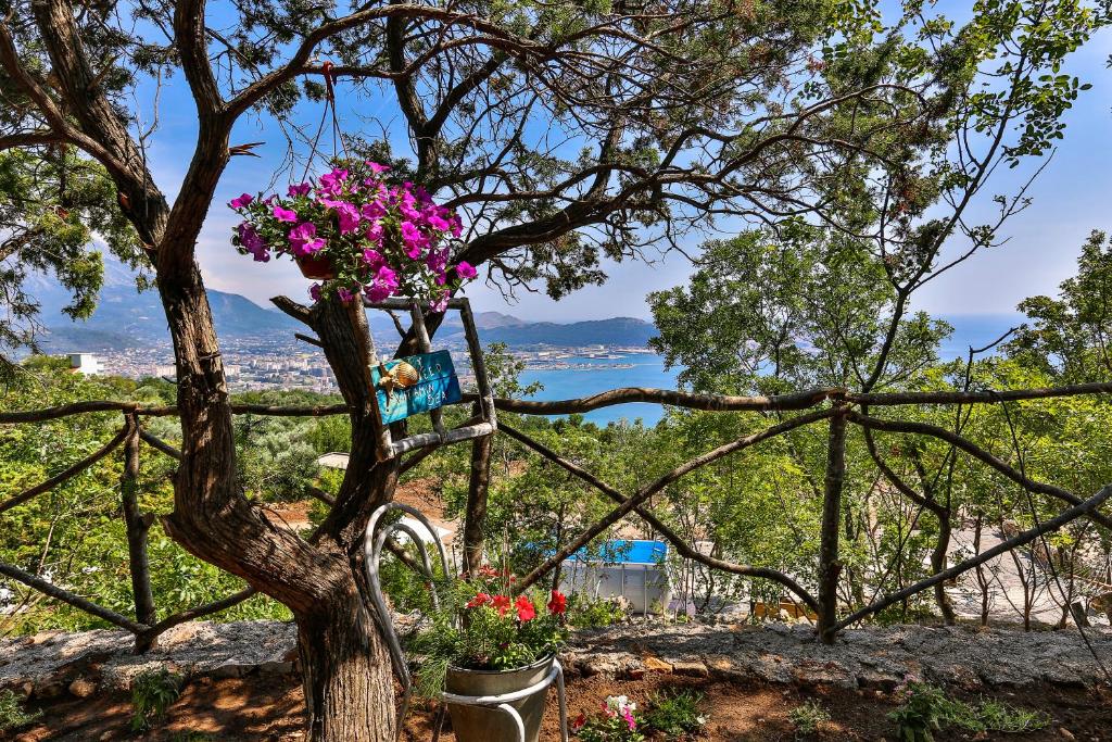 a tree with pink flowers on a fence at Tramontana Glamping in Bar