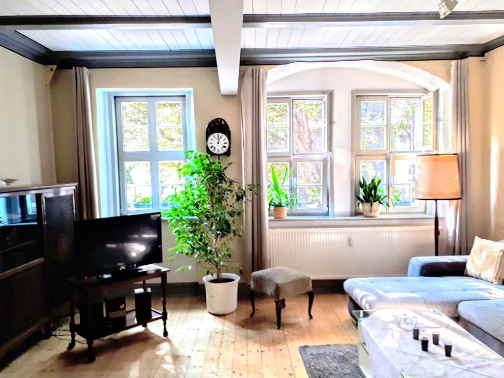 a living room with a couch and two windows at Schulmeisterhaus in Naumburg