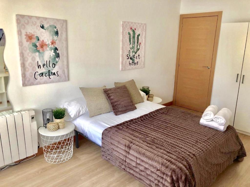 a bedroom with a large bed with a brown blanket at Apartamento Ana Isabel Herrero in Zaragoza