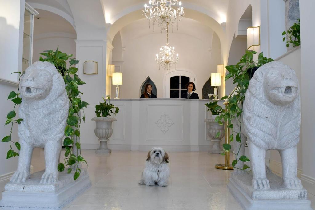 a dog sitting in a lobby with two statues at Minori Palace in Minori