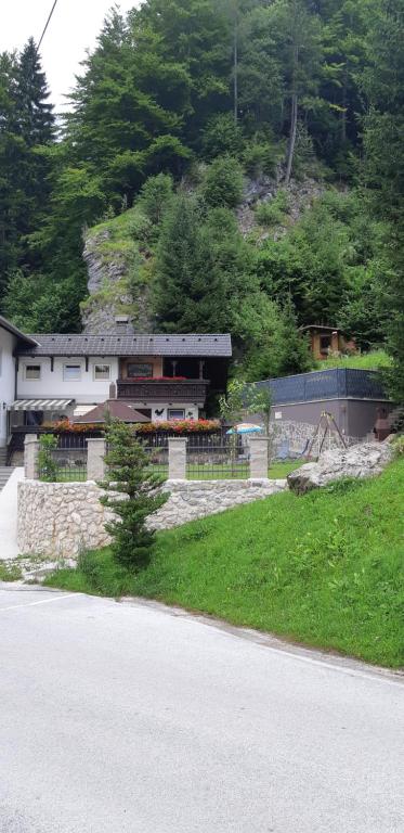 ein Haus an der Seite einer Straße neben einem Hügel in der Unterkunft Apartment Tarman in Jesenice