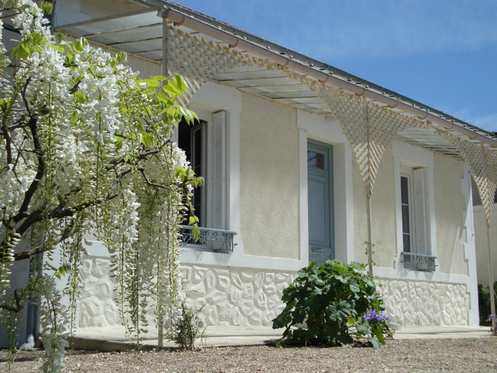 a white house with a flowering tree in front of it at Le gîte de l&#39;atelier in Bergerac