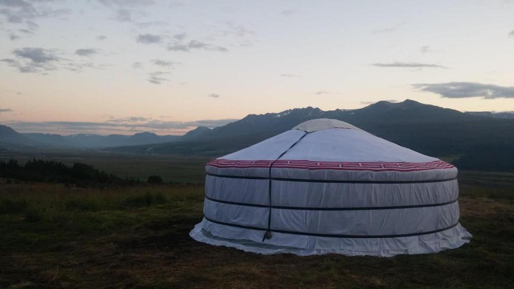 una grande tenda a cupola situata in cima a un campo di Iceland yurt ad Akureyri