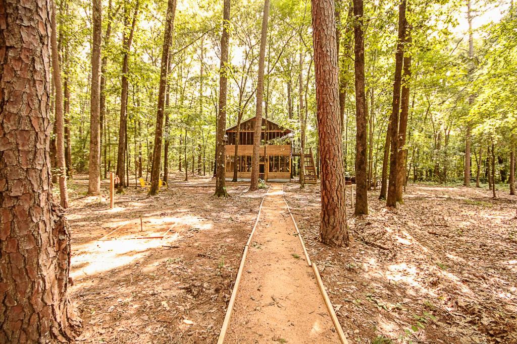 a log cabin in the middle of a forest at The Tree House in Tyler