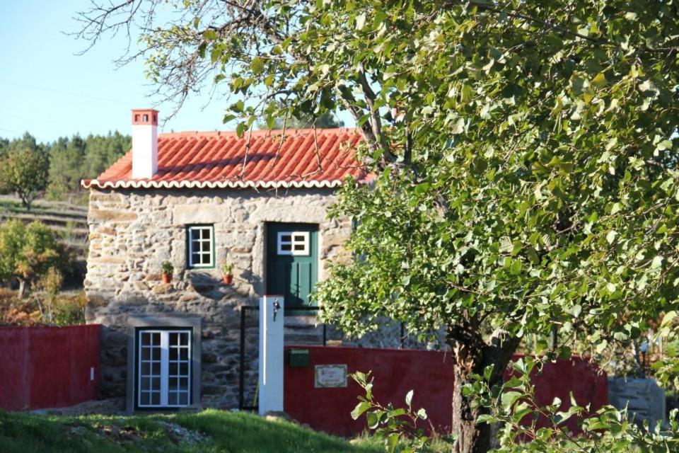 una pequeña casa de piedra con una puerta verde en Casa Do Salgueiral en Fundão
