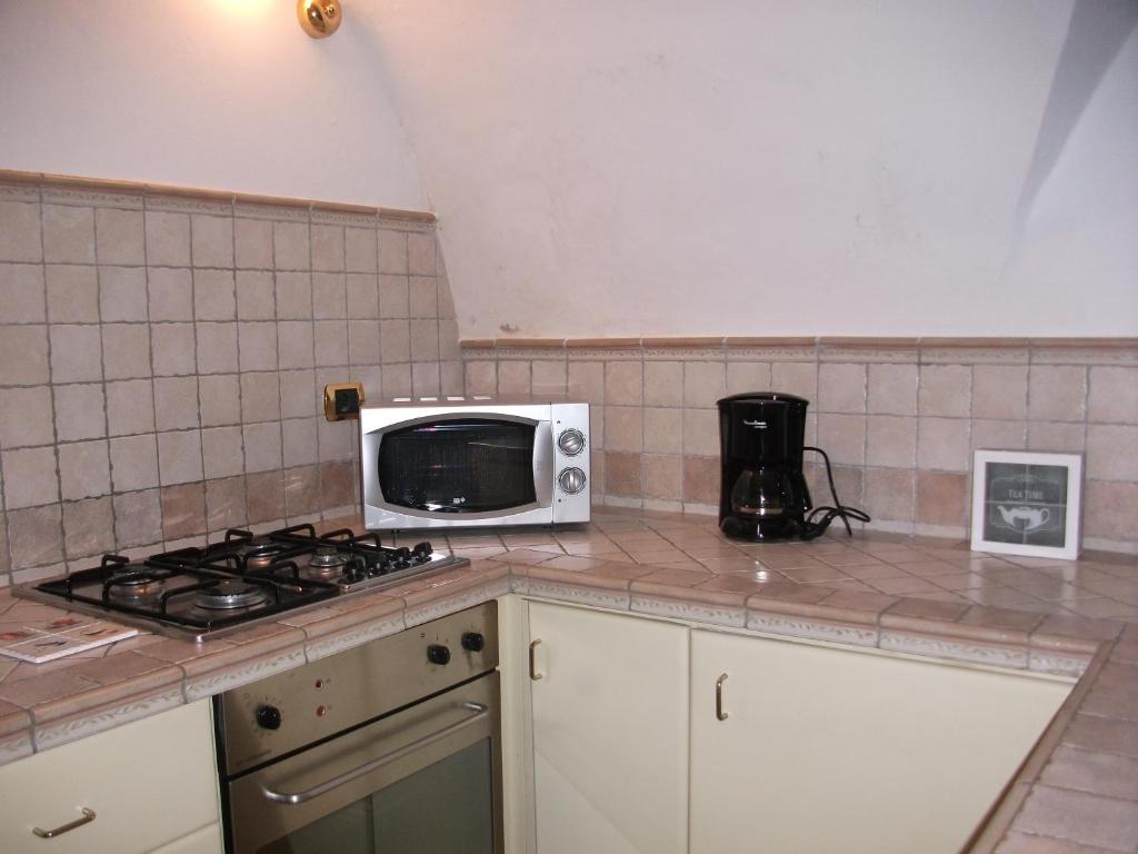 uma cozinha com um fogão e um micro-ondas no balcão em APPARTAMENTO AURORA Val di Sogno em Malcesine
