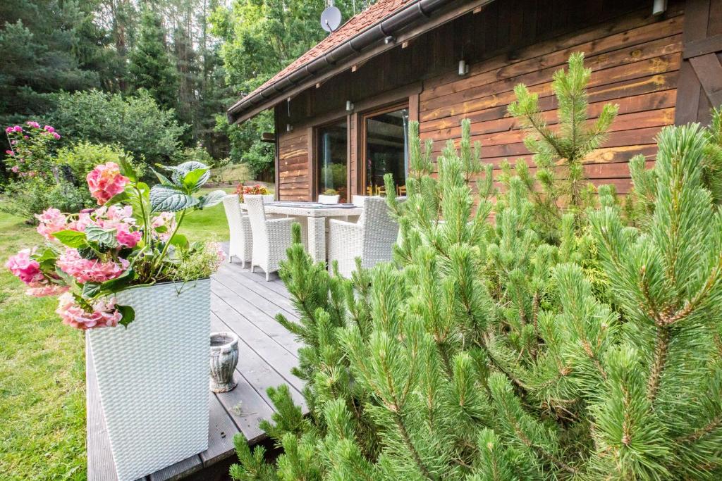 eine Holzterrasse mit Stühlen und Blumen vor einem Haus in der Unterkunft Zezuj Agroturystyka i Łowisko in Zezuj