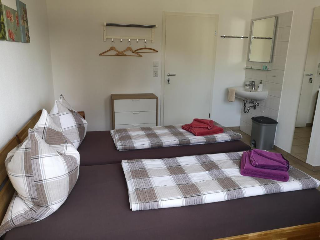 two twin beds in a room with a sink at Privatzimmer Sonne in Bad Säckingen