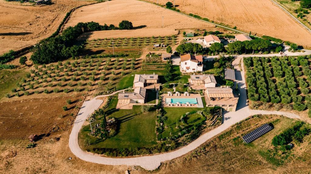 una vista aerea di una tenuta con una casa e vigneti di Agriturismo Colle Oliveto a Orbetello