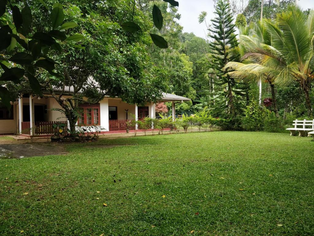 una casa con un patio verde con un banco blanco en Alfred Colonial Bungalow & Spice Garden en Kobbekaduwa