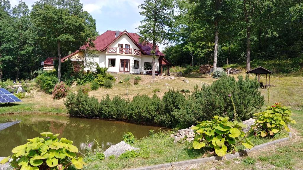 a house on a hill with a pond in front of it at Apartament Bukowy Las in Zachełmie