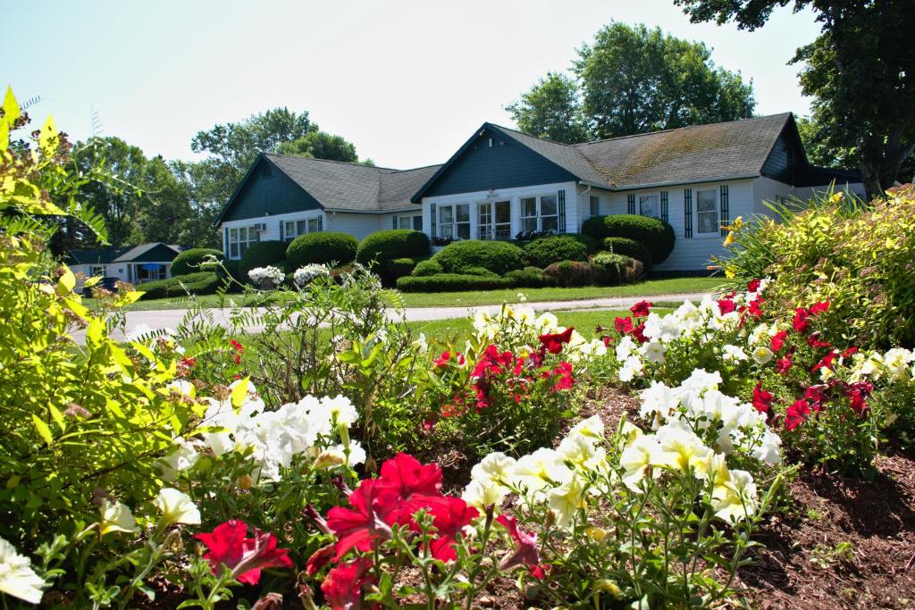 a house with flowers in the front yard at Lakeview Lodge and Cottages in Cavendish