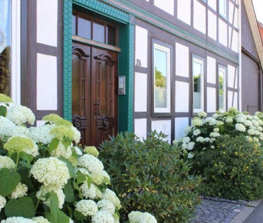 a house with a bunch of white flowers in front of it at Ferienwohnung Gräfe in Herzberg am Harz