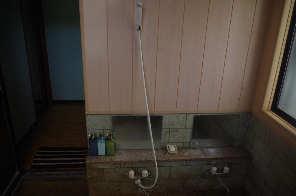 a shower in the corner of a room at Kusatsu Onsen Guesthouse Gyoten in Kusatsu