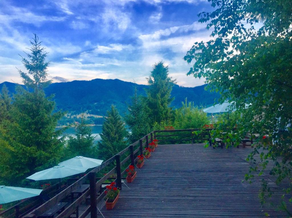 eine hölzerne Promenade mit Sonnenschirmen und Blumen darauf in der Unterkunft Casa dintre Brazi in Colibiţa