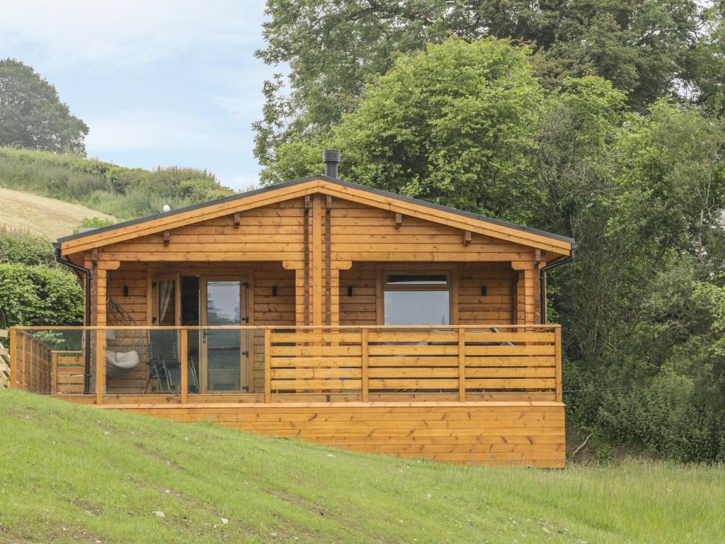 una cabaña de madera en una colina en un campo en Manor Farm Lodges - Red Kite Lodge, en Newtown