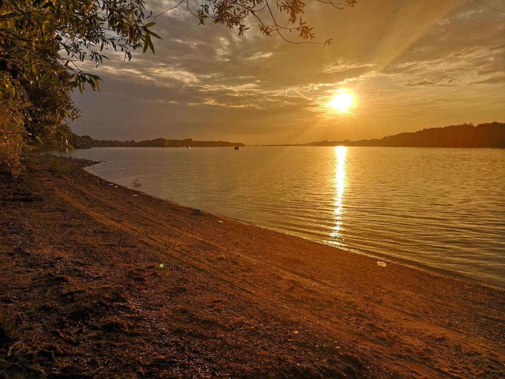 a sunset on the shore of a body of water at Bocke Beach House in Novi Sad