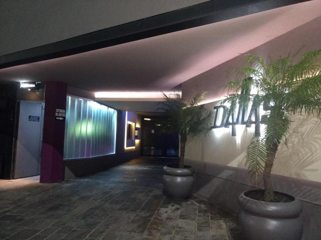 un pasillo con dos palmeras en un edificio en Dallas Hotel -Motel- en Buenos Aires