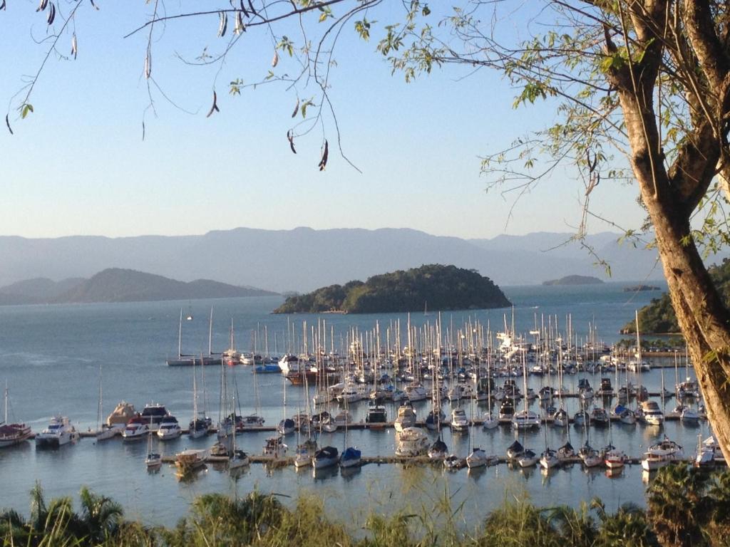a bunch of boats docked in a harbor at Paraty in Paraty