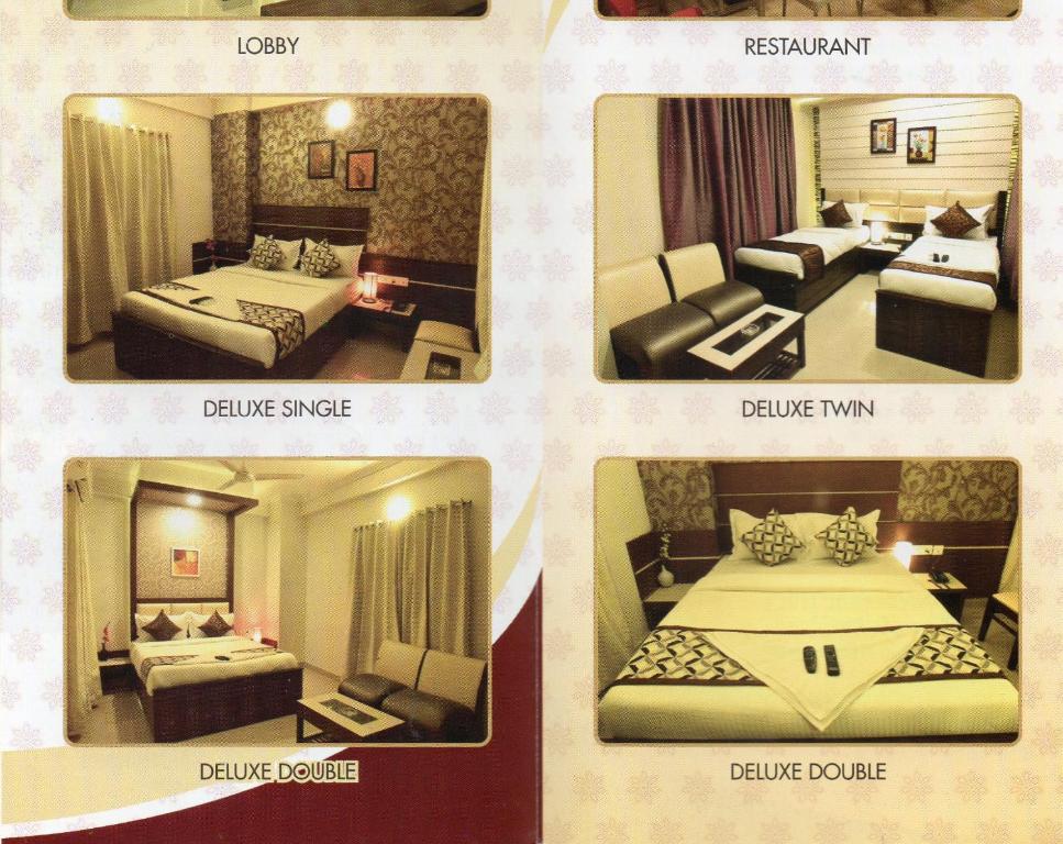 a collage of four pictures of a hotel room at Hotel White Park in Chennai