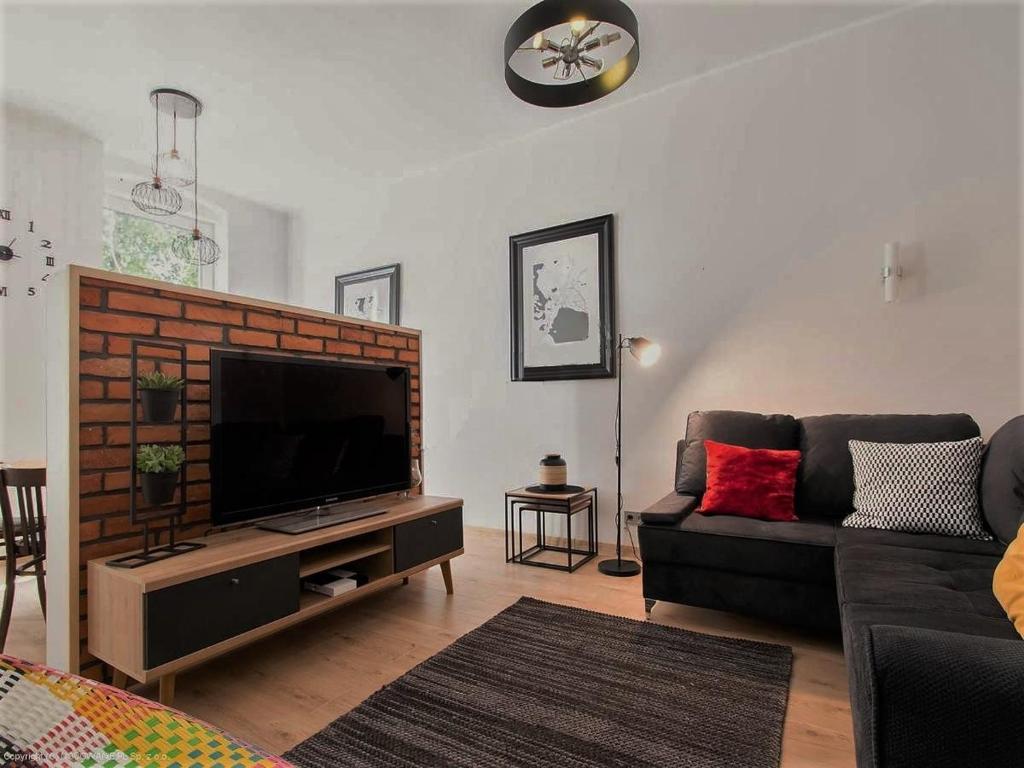 a living room with a couch and a flat screen tv at Apartament Nad Jeziorem Czos in Mrągowo
