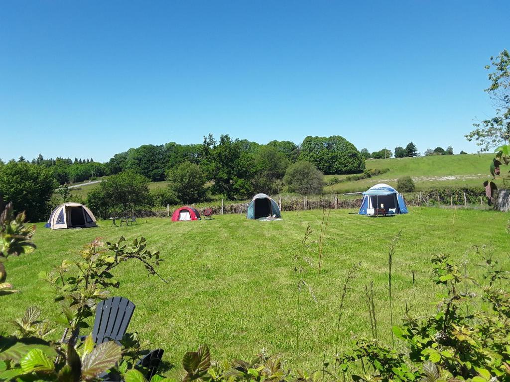 a group of tents in a grassy field at Camping Le Pré du Lac Pagéas in Pagéas