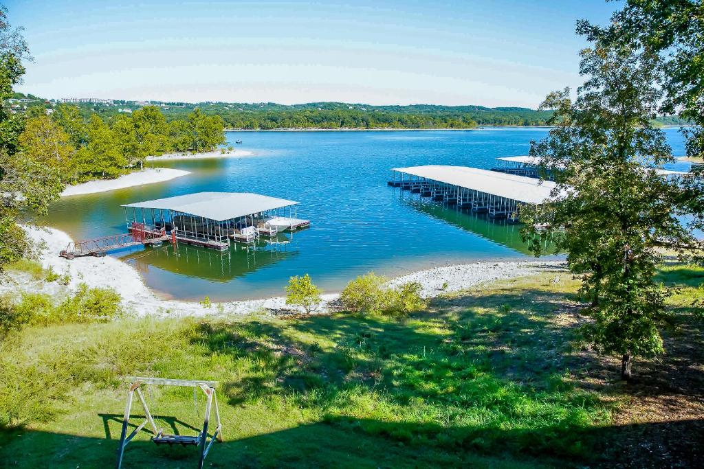 an aerial view of a dock on a lake at Table Rock Resorts at Indian Point in Branson