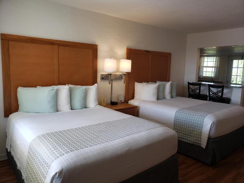 a hotel room with two beds and two windows at Studio 1 Motel - Daytona Beach in Daytona Beach