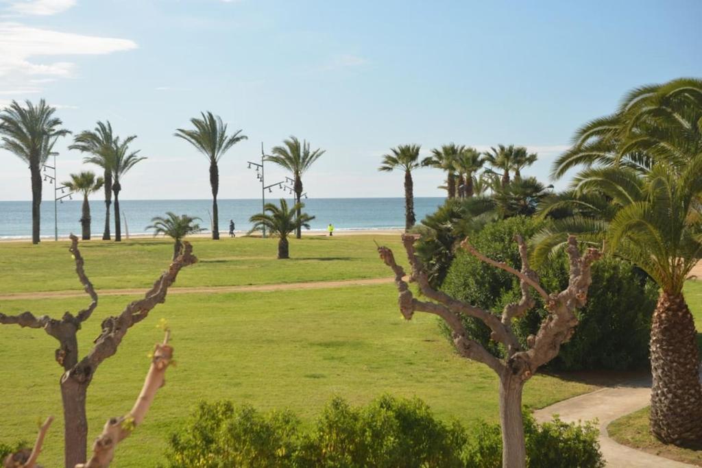 uitzicht op een park met palmbomen en de oceaan bij Bertoni by the Sea in La Pineda