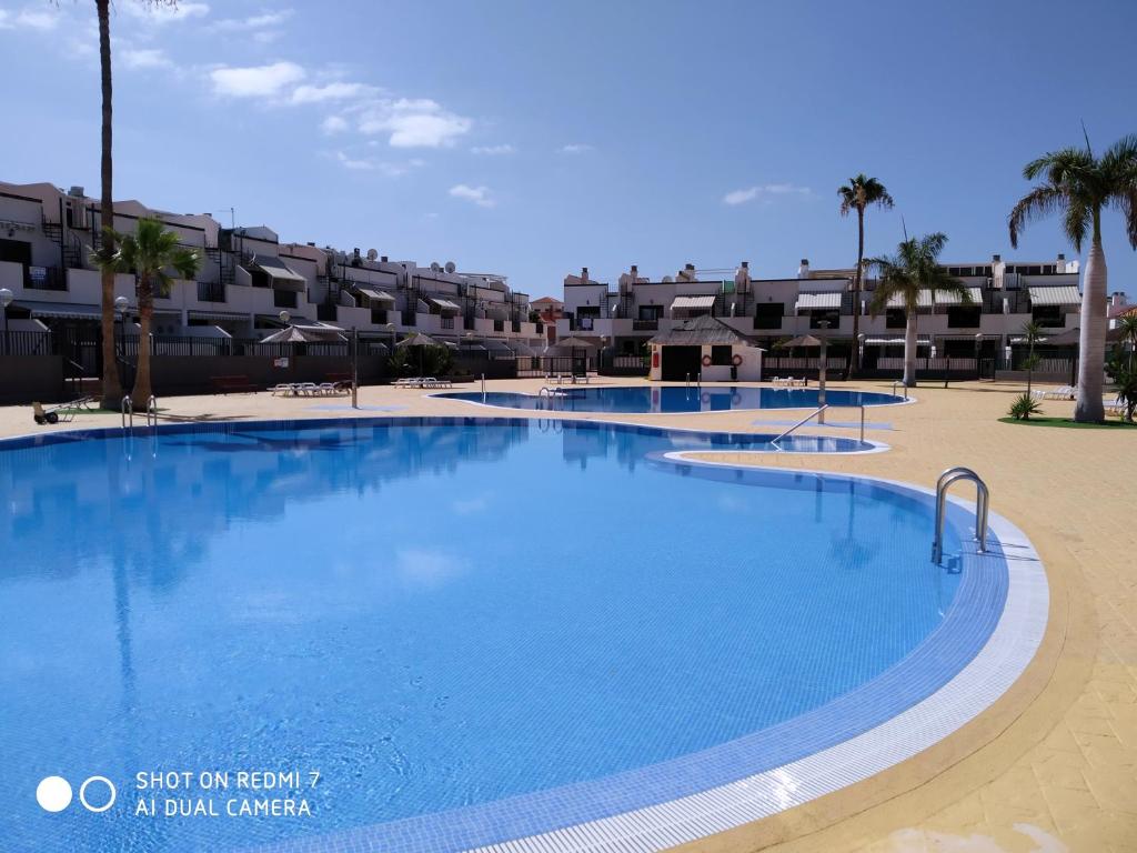 a large swimming pool in a resort with palm trees at Residencial Los Geranios 13 in Costa Del Silencio