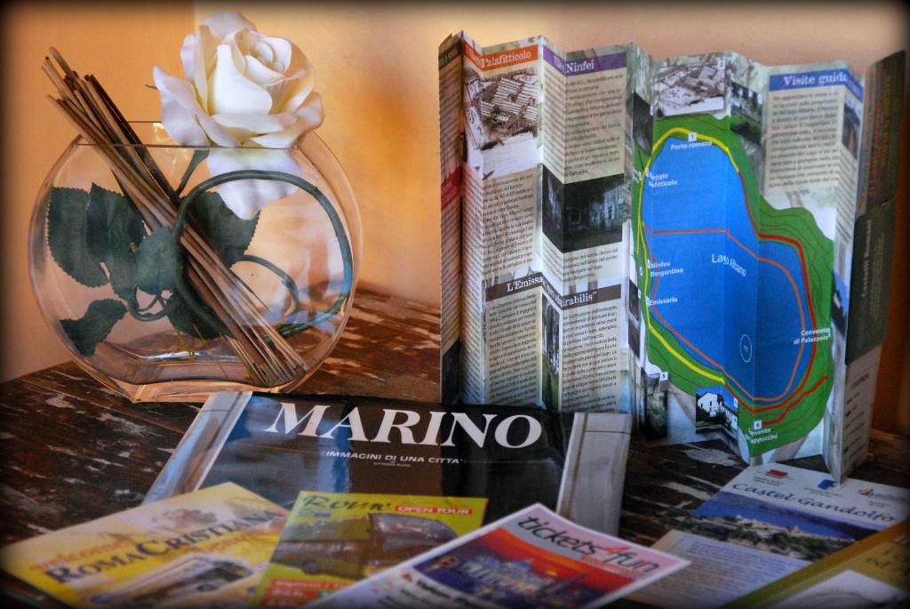 a table with magazines and a vase with a flower at Fabiola B & B in Marino