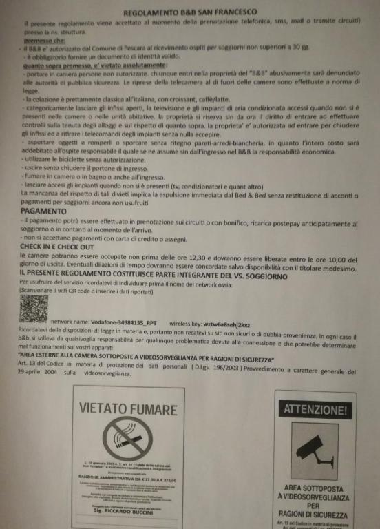 Certifikát, hodnocení, plakát nebo jiný dokument vystavený v ubytování B&B SAN FRANCESCO Pescara Centro