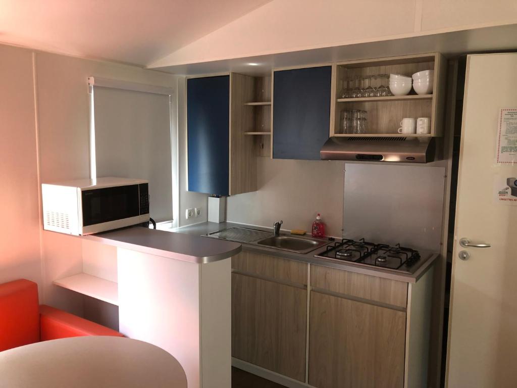 a small kitchen with a stove and a microwave at Camping le Rhône in Tournon-sur-Rhône