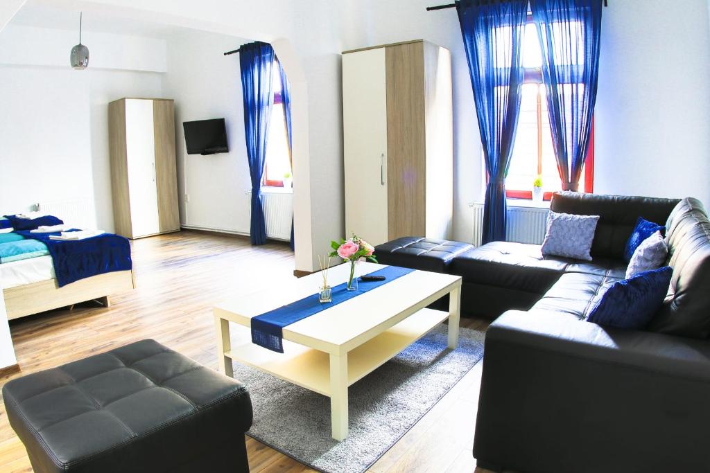 - un salon avec un canapé et une table dans l'établissement CENTRAL APARTMAN, à Gheorgheni
