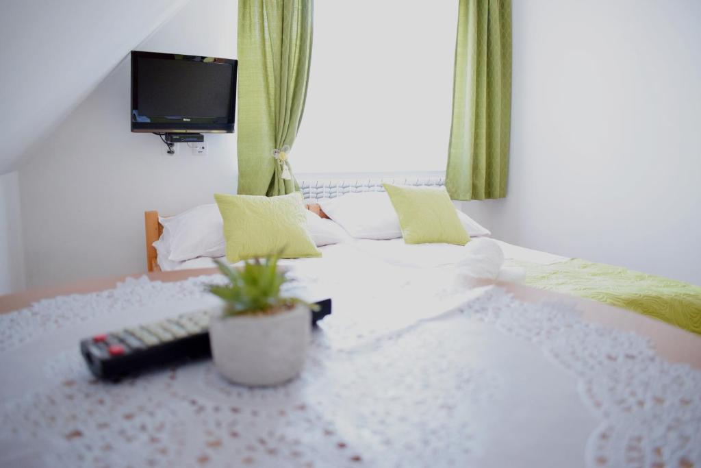 a bed with a remote control and a potted plant on it at Pokoje i Apartament u Lucyny in Czarna Góra