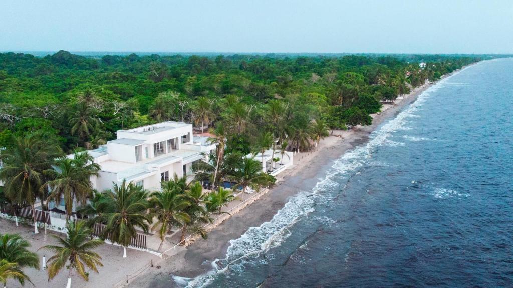 una vista aérea de una playa con palmeras en Hotel Casa Danae en Tolú