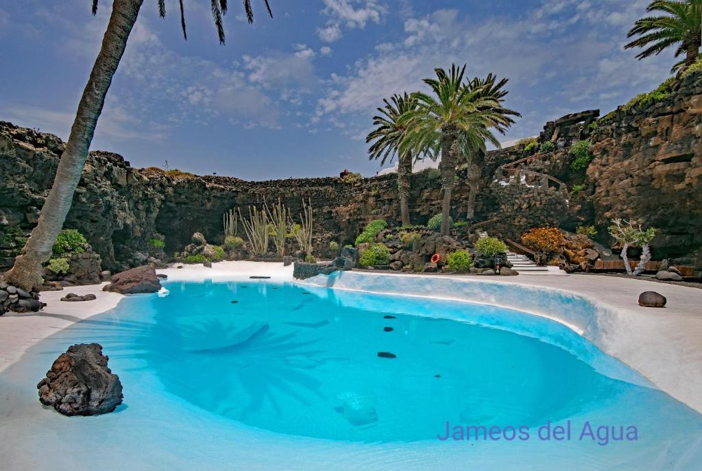 una piscina en un complejo con palmeras en Magmamia en Puerto del Carmen